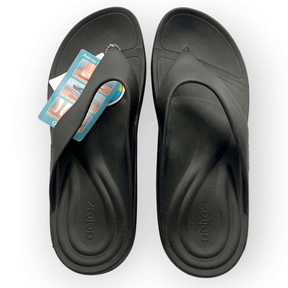 Aetrex Maui Men 14 Black Orthotic Flip Flops Arch Support Water Friendly Sandals